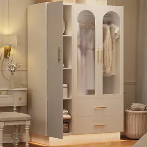 YJ-Bedroom Armoire Wardrobe Closet with 3 Doors & 2 Drawers, 70"Tall Wooden Large Armoire Storage Cabinet with Modern Fluted Glass & Shelves, w/ Hanging Rod, Sturdy Frame, for Bedroom, White