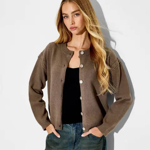 Wild Fable Women's Crewneck Cable Trim Button Front Cardigan Long Sleeve Cotton Blend