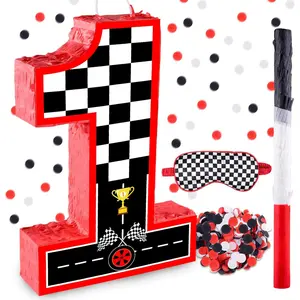 16 Inch Number 1 Race Car Pinata with 16 Inch Piñata Stick Blindfold Confetti for Boy Girl Kids 1st Birthday Party Decorations