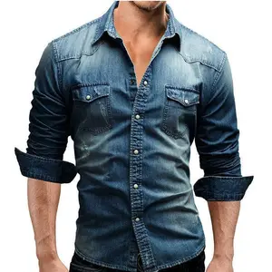 Men's Long Sleeve Double Pocket Snap Denim Shirt