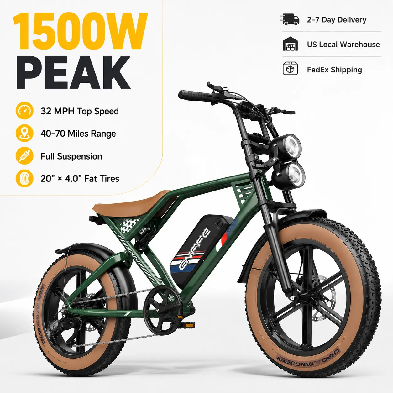 Adult Commuter Electric Bike - 1500W Peak Single Motor, 1080Wh Removable Battery, Up to 100 mi PAS Range, 20"×4.0" Fat Tires, Full Suspension, Hydraulic Disc Brakes, Color LCD Display, NFC Unlock, UL 2849 Certified