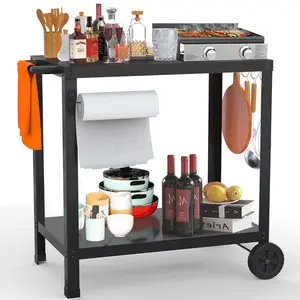 32x20 Inch Double-Shelf Outdoor Grill Table, Movable Grill Cart for Blackstone Griddle & Pizza Oven, Patio Food Prep Table for Outdoor Cooking & Party