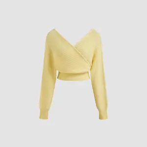 Cider [5 colors, size 0-10] Knit V-neck Solid Wrap Crop Long Sleeve Top