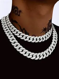Rhinestone Decorated Cuban Chunky Chain Necklace for Men, Men's Accessories, Punk Accent Piece Cuban Link Design Statement Necklace, Men Accessories, Cuban Link Chain, Trendy Jewelry, Zi Alloy Craftsmanship