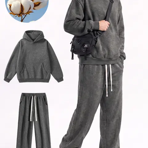 Men's 2 Piece Solid-Color Cotton All-Season Casual Athletic Set - Regular-Fit Tie-Dye Hooded Sweatshirt with Drop Shoulders, Drawstring Joggers with Pockets, Athleisure Style, Gift Idea