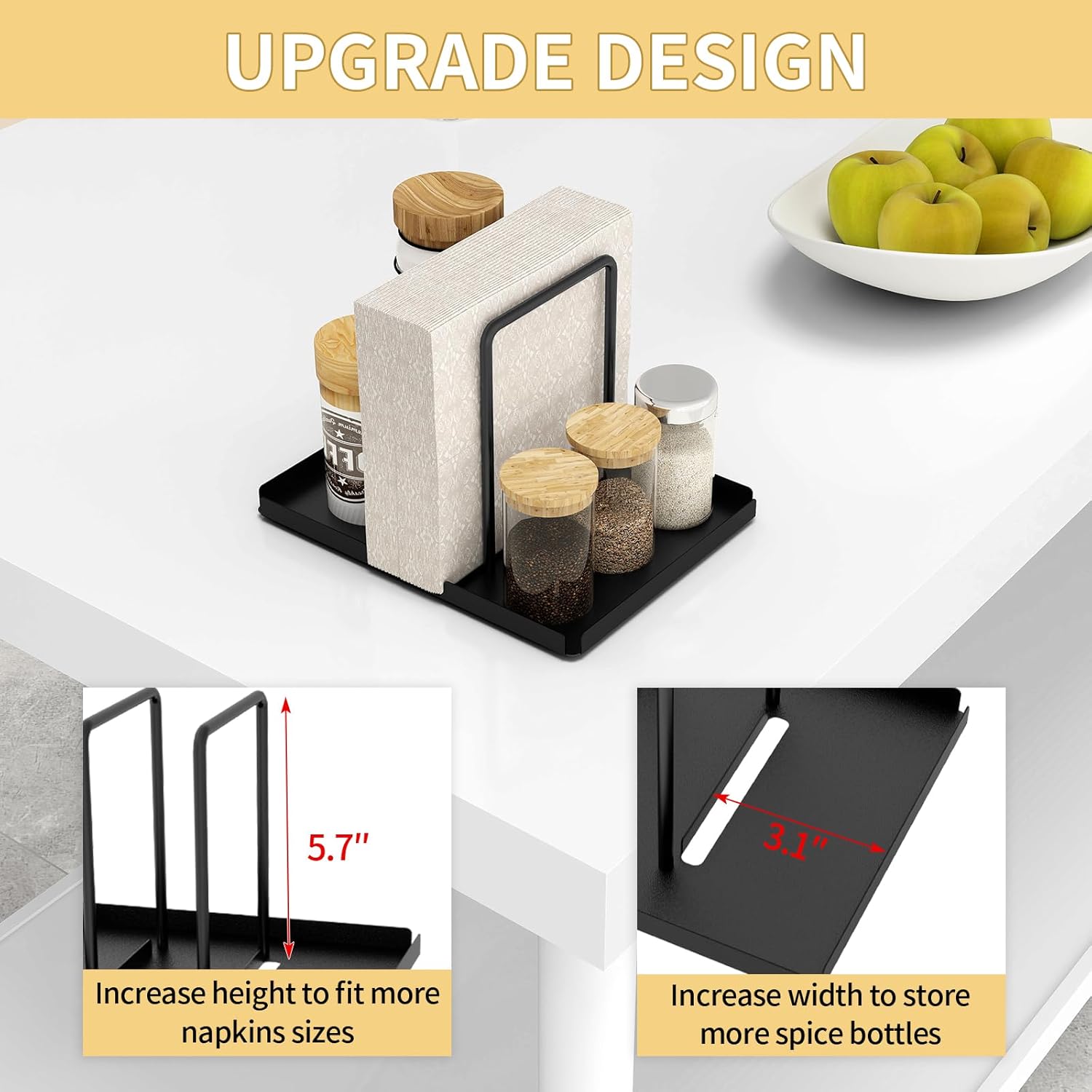 Napkin Holder, Metal Napkin Holder for Table with Salt and Pepper Shakers Caddy, Napkin Storage Dispenser for Kitchen Dinner Table and Picnic Decors, Black
