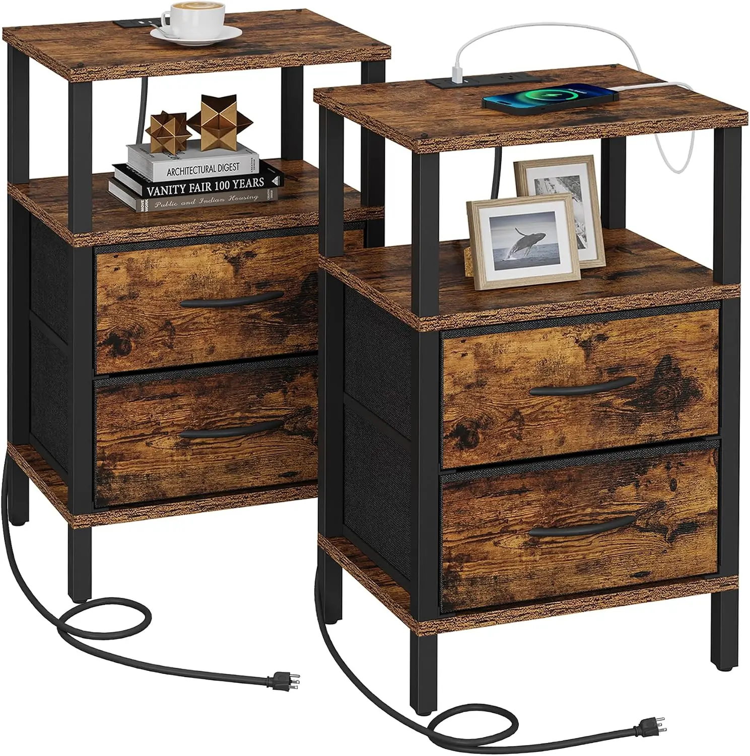 TUTOTAK Set of 2 Rectangular MDF Wood Nightstands - Bedroom End Tables with Charging Ports, Easy-to-Assemble Indoor Furniture, Nightstand, Furniture For Bedroom