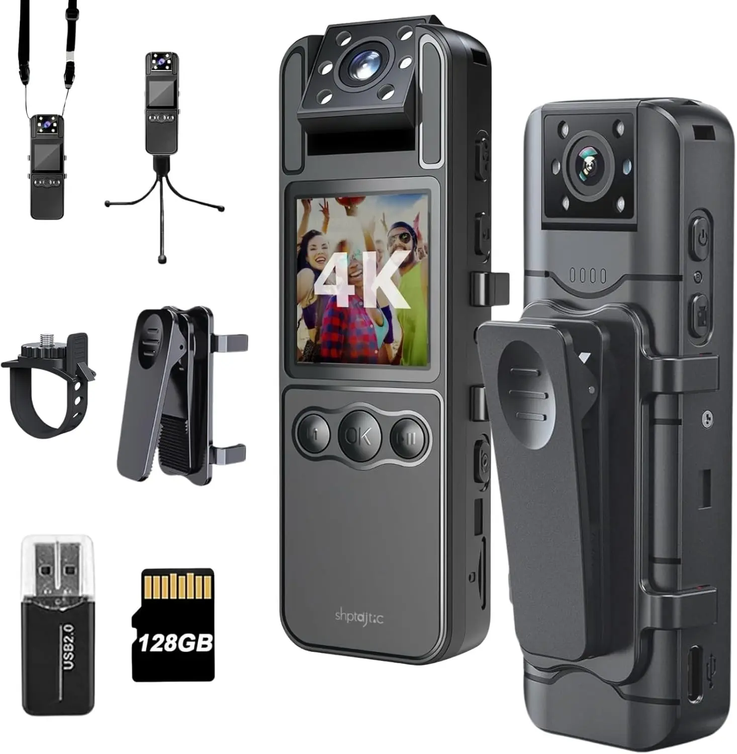 SONGYUKA 128GB Full Body Wireless Action Camera with 180° Rotating Lens, Wearable Adjustable and Night Vision for Cycling, Outdoor Pets, Office Security, Audio Recording, Police Law Enforcement, Blogging, 1700mAh 4K Ultra HD Video, Great Gift