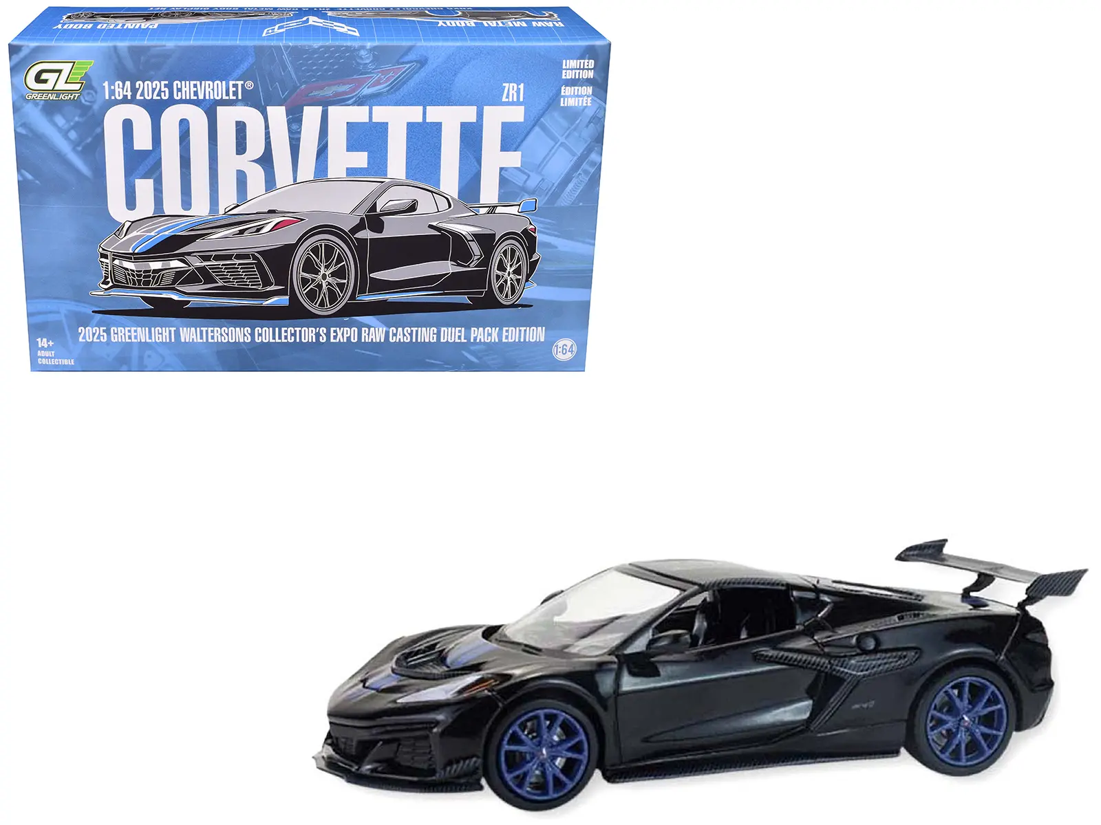 2025 Chevrolet Corvette C8 ZR1 Black with Blue with Raw Casting Dual Pack 1/64 Diecast Model Car by Greenlight