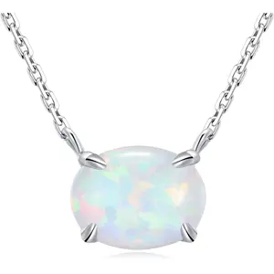 Sterling Silver Opal Necklace,  Small Dainty Oval Opal Jewelry for Women, Gemstone Necklaces, Womens Jewelry, Simple Rose Gold Necklaces for Women