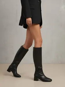 Women's Fall Winter Slimming Square Toe Thick Heel Tall Boots, Soft PU Leather Versatile Above Ankle Below Knee High Boots