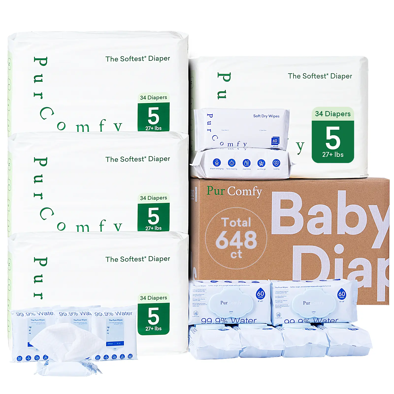 PurComfy Baby Essential Kit - 4 Diaper Packs + 10 Travel Wipe Packs 360Ct + 2 Dry Wipe Packs 120Ct Hypoallergenic Plant-Based Materials Best Baby Shower Gift