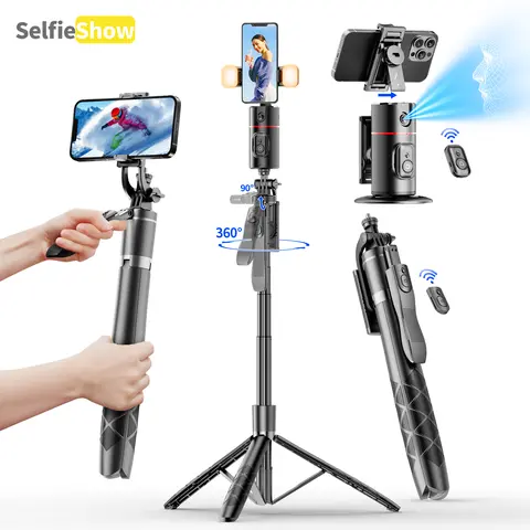 68" Aluminum Alloy AI Face Tracking Selfie Stick Tripod, 360° Auto Tracking Cellphone Tripod with Fill Light, Gesture Control, Bluetooth Remote, No App Needed Vlogging Kit for TikTok Creators, Live Streaming