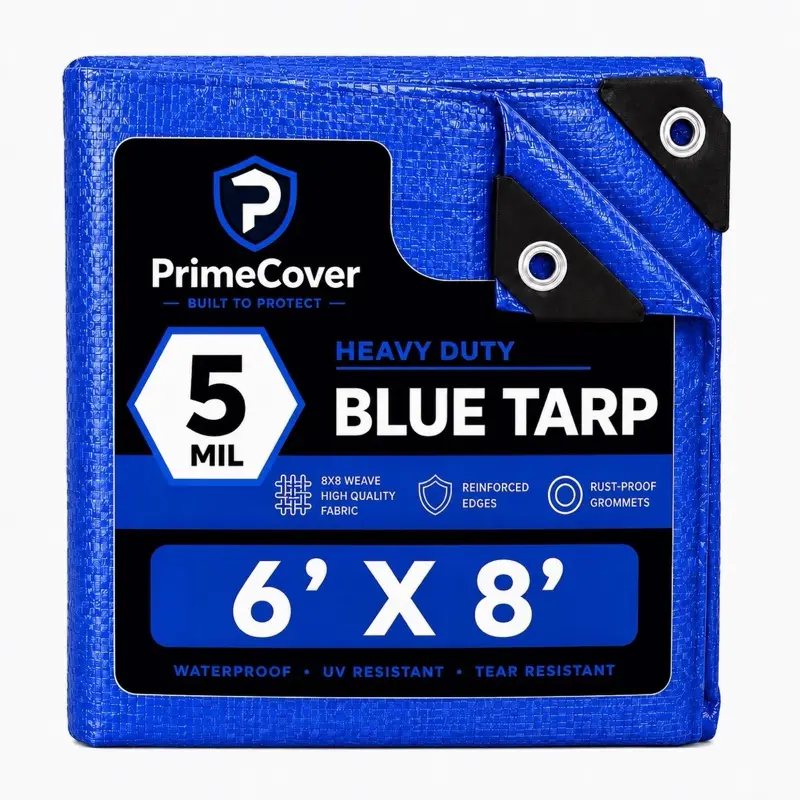 PrimeCover Heavy Duty 5 Mil Blue Tarp - Waterproof, UV-Resistant, Tear-Resistant - Available in 6x8 ft and 8x10 ft Sizes