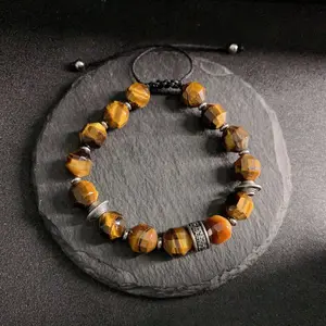 Tiger Eye Bead Bracelet for Men, Adjustable Braided Stone Wrist Bracelet with Antique Spacer Accents, Fashion Casual Healing Jewelry Gift for Boyfriend