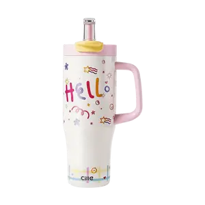 Cille 900ml Tumbler with Straw, Insulated Big Gulp Cup for Parties, Sweet Pink Iced Coffee Mug with Ceramic Liner, Dual Use Direct Sip or Straw