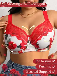 Plus Size Valentine's Day Floral Rose Lace Lingerie, High Support Push-Up Bra with Padding, Full Coverage, Adjustable Strap, All Seasons