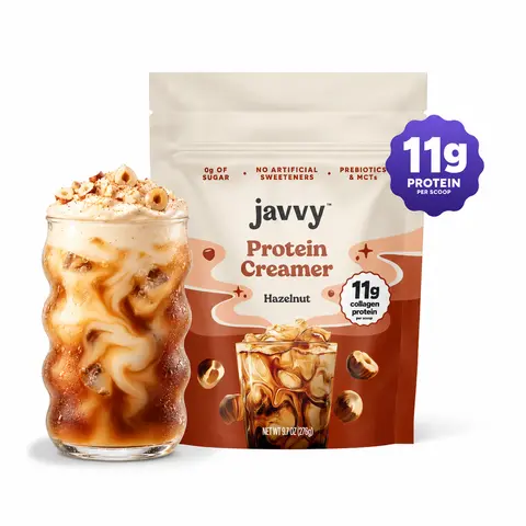 Javvy Hazelnut Protein Coffee Creamer - Grass Fed Pasture Raised Collagen - Hair, Skin & Nail Support,Energy-Boosting MCTs, Keto Friendly, Lactose Free & Gluten Free, No Added Sugar, 11g of Protein