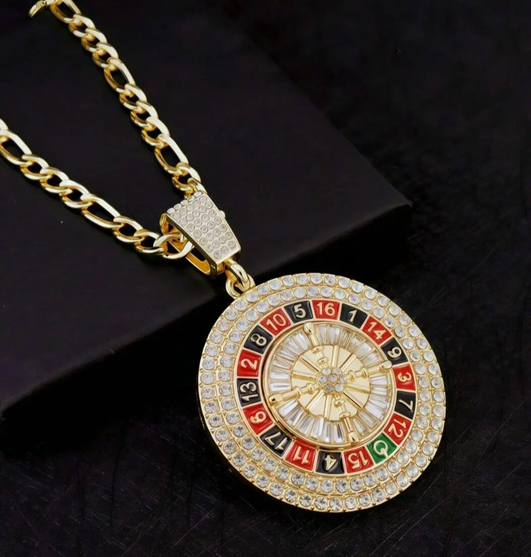 MaxBling81 Iced Spinning Roulette Pendant Necklace, Unisex Hip Hop Gold Plated 45mm Jewelry with 5mm 24" Figaro Link Chain for Casual Wear, Daily, Hip Hop Celebrity Style, Chain & Link, Iced Roulette, Long, Metal Coating, Everyday Use
