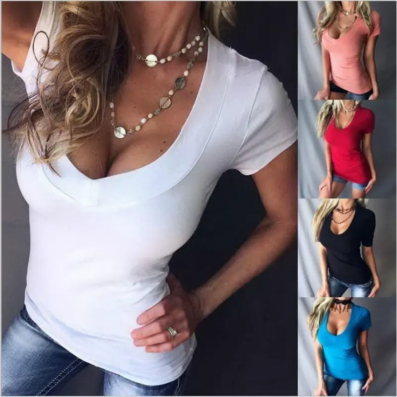 Women's Plain Deep V Neck Tee, Casual Short Sleeve T-shirt for Summer, Back To School Outfits,  Ladies Clothes for Daily Wear, Downtown Girl Clothes,  White Womenswear Comfort Streetwear Tshirt Gamis Top Shortsleeve Basic Minimalist Black