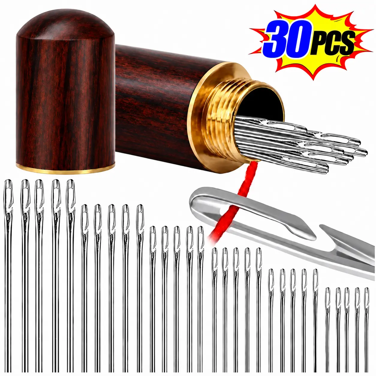 30 Pcs Self Threading Sewing Needles,Embroidery Needles Side Threading Hand Sewing Needles, with Wooden Needle Case, for Knitting Mending DIY Embroidery Sewing, Handsewing Art Crafts