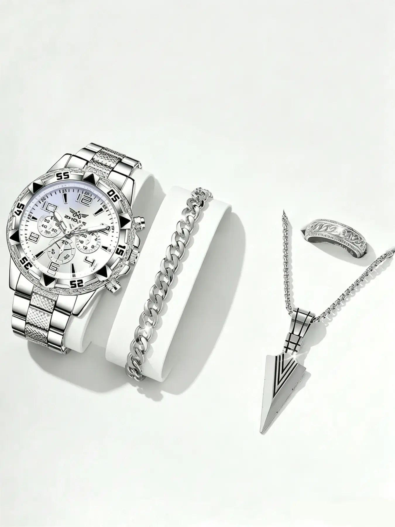 4PCS Silver Men's Fashion Casual Mixed Scale Dial Quartz Watch Bracelet Necklace Ring Complete Accessory Set Suitable for Daily Wear Decoration