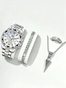 4PCS Silver Men's Fashion Casual Mixed Scale Dial Quartz Watch Bracelet Necklace Ring Complete Accessories Set Suitable for Daily Wear Decoration
