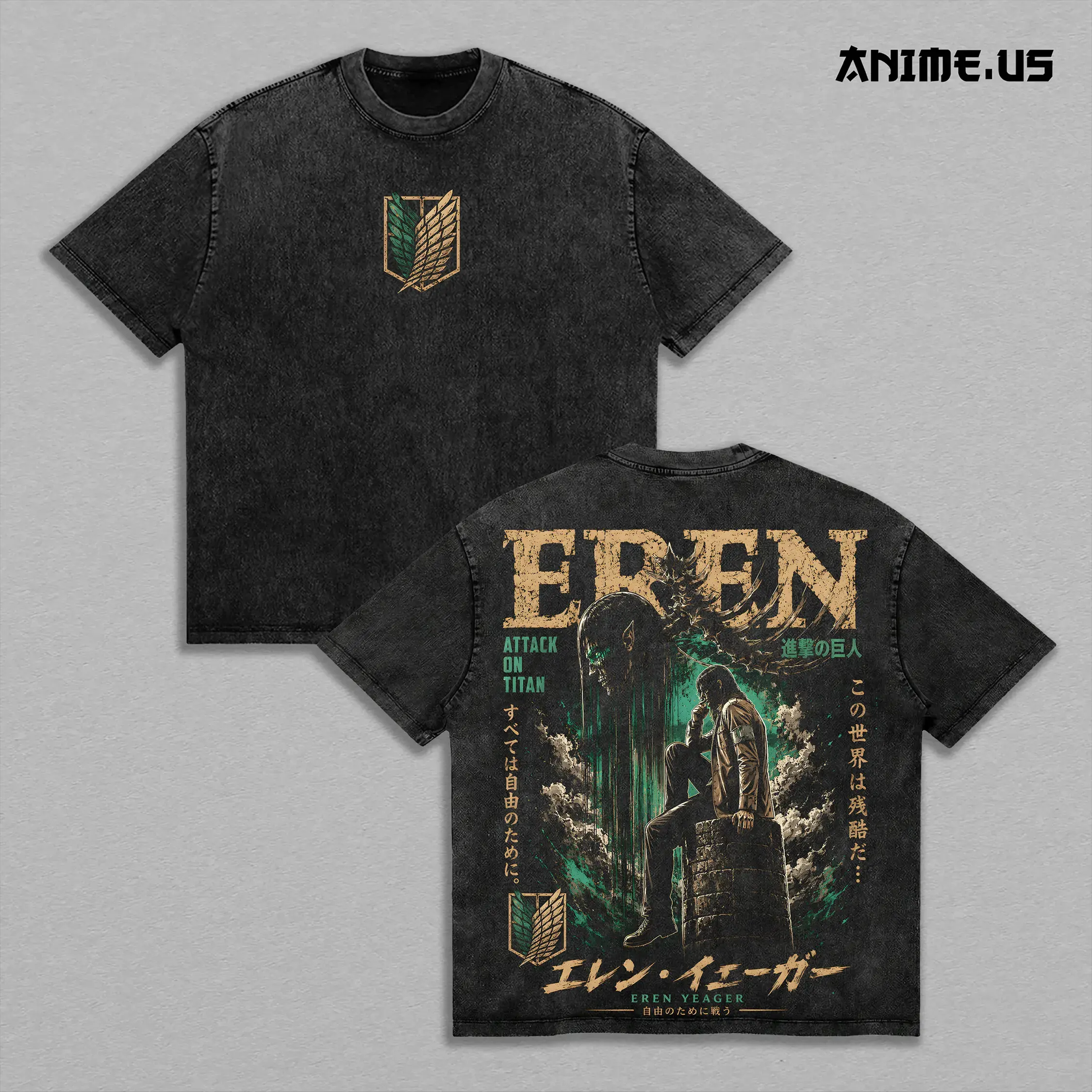 Men's Unisex Menswear Shortleeve Retro Eren Yeager Attack on Titan Print Shirt - Scout Regiment Attack Titan Freedom Seeker Heavyweight Washed Cotton Tee