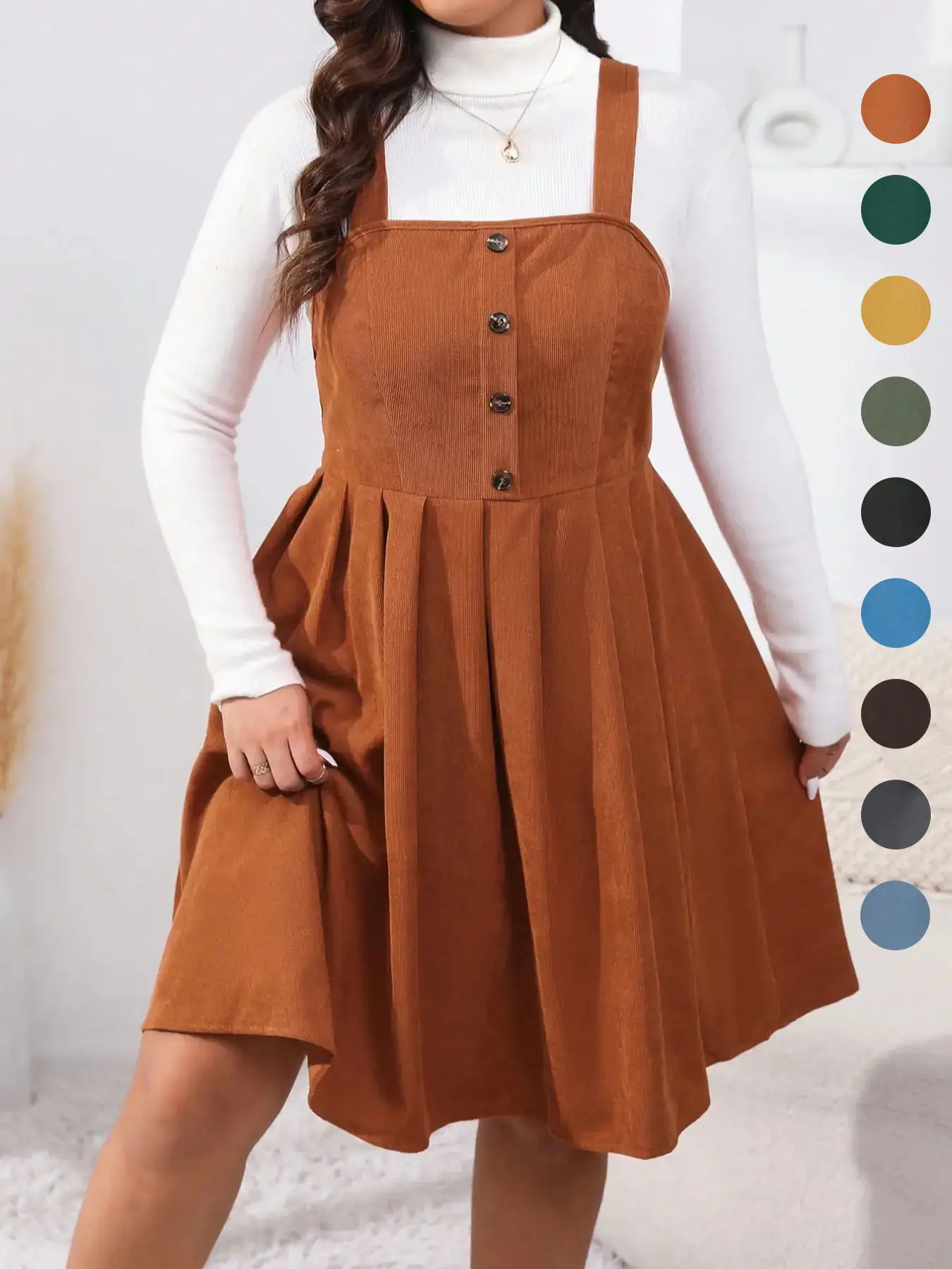 Plus Size Button Decor Pleated Pinafore A-Line Dress, Casual Sleeveless Tank Dresses for Fall & Winter Daily Wear Holiday, Women's Clothes, without Sw