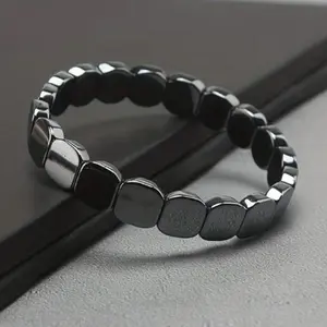 Fashionable Outdoor Sports Stone Bracelet, Hematite Chalcedony Elastic Square Beads, Unisex Party Gift for Valentine's Day