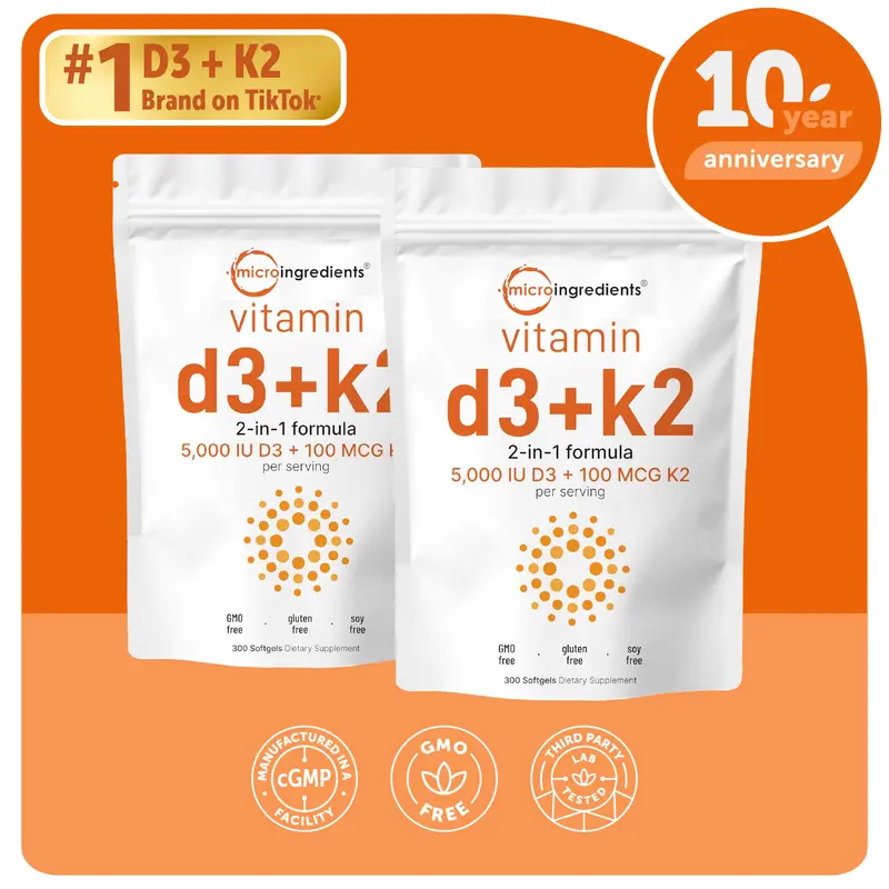Micro Ingredients Vitamin D3 K2 5000IU Softgels | Infused with Sunflower Seed Oil, Vitamin K2 MK7 + Vitamin D Supplement, Non-GMO, No Gluten 1