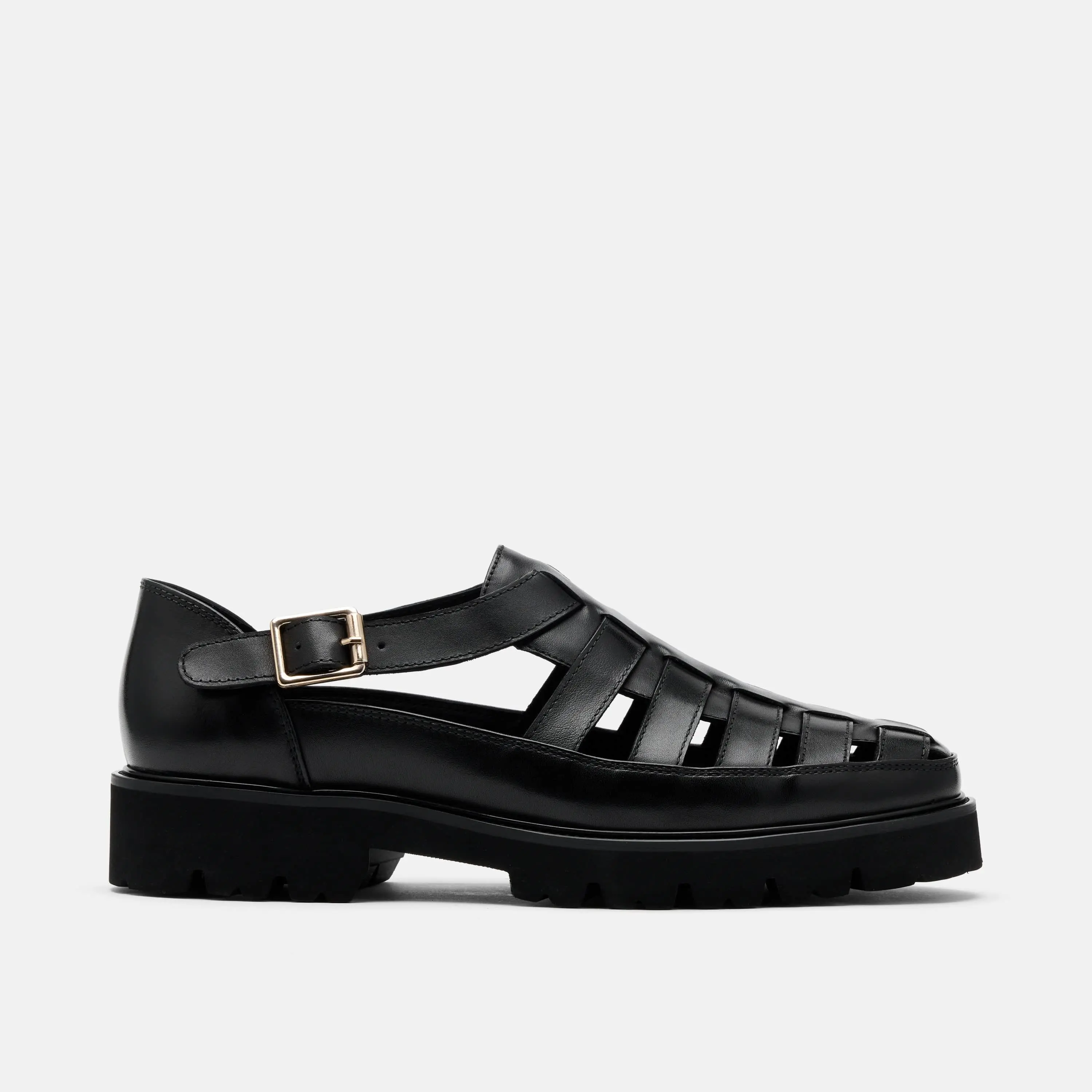 Magellan Black Leather Lug Fisherman Sandals