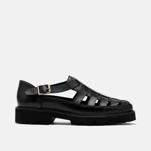 Magellan Black Leather Lug Fisherman Sandals