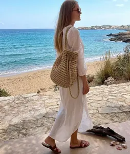 Straw Woven Drawstring Bucket Backpack, Summer Beach Bag, Summer Raffia Backpack