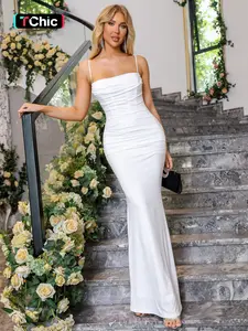 Parthea Women's Plain Ruched Zipper Boning Corset Mermaid Dress, Elegant Adjustable Spaghetti Strap Sleeveless Cami Bodycon Long Dress for Evening Party, Ladies Summer Clothes, National Day Offers