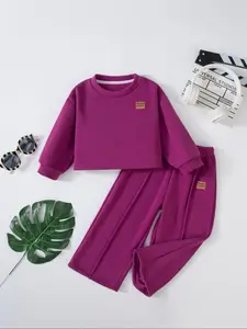 Girls' Solid Color Long Sleeve Set, Casual Outfit Set, Casual Round Neck Sweatshirt, Fashionable Fall & Winter Wear, Comfortable Daily