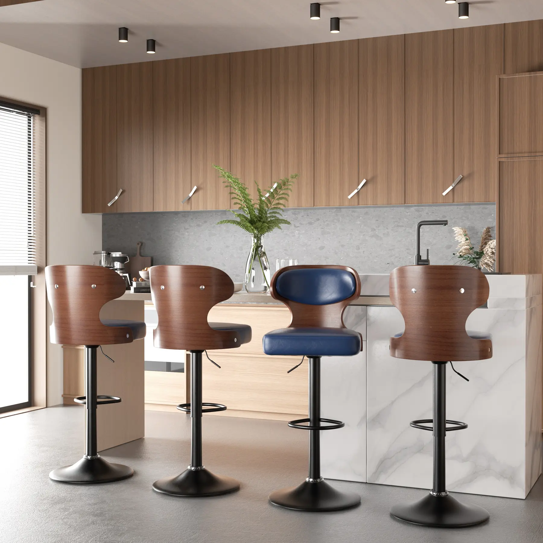 Blue Coastal Style Bar Stools Set of 2 - 360° Swivel, Adjustable Height (24.5-33.5"), Ergonomic Backrest, Faux Leather for Kitchen, Entertainment Room