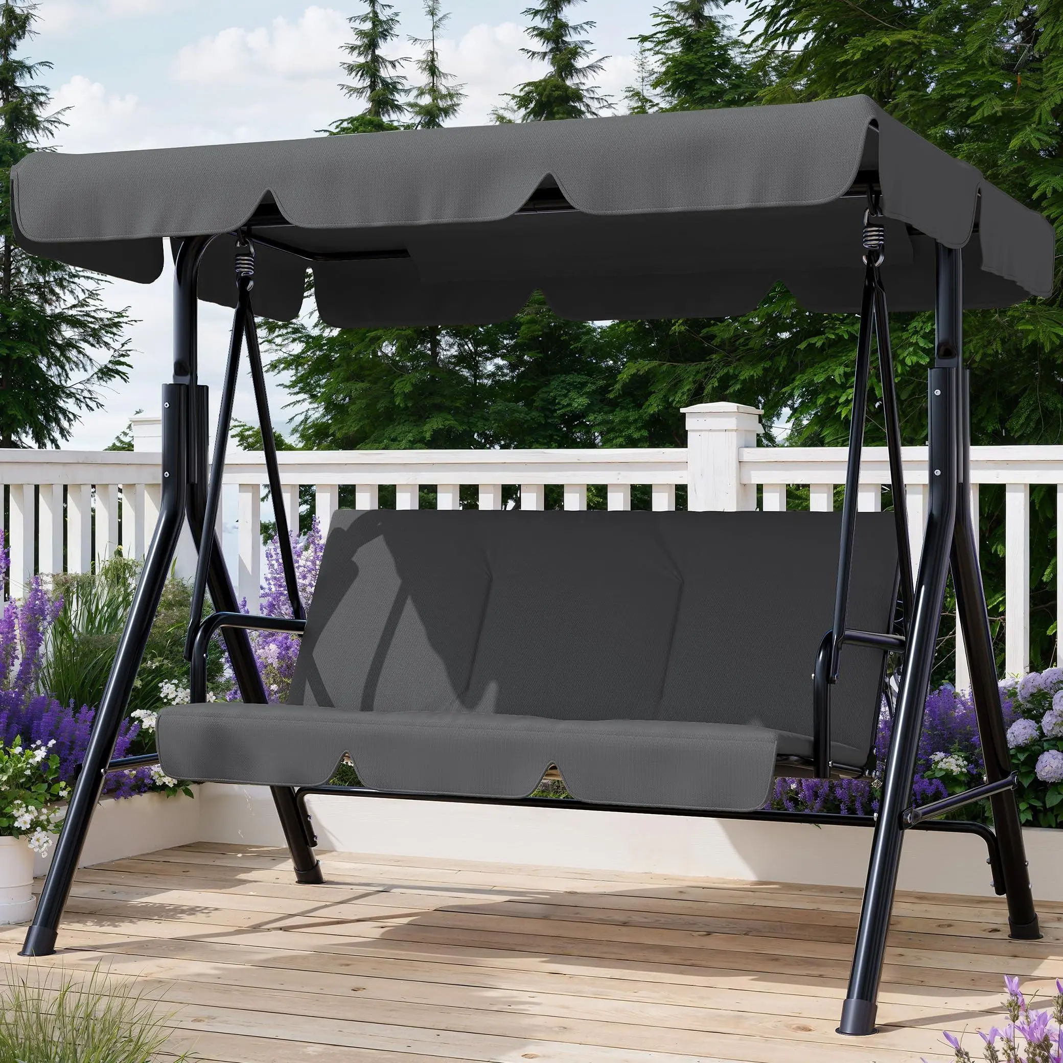 GARVEE Gray Outdoor Porch Swing with Adjustable Canopy, 3-Seat Patio Swing Chair with Stand, Heavy Duty Outdoor Swing for Adults, Metal Frame Patio Swing for Garden, Backyard & Poolside