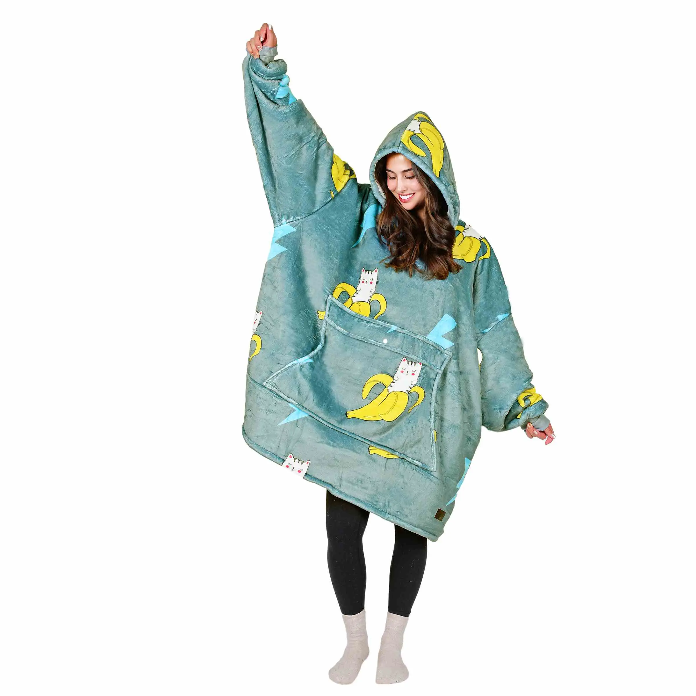 Green Banana Cat Oversized Double Layer Hoodie Blanket