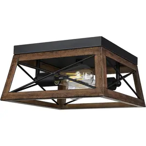 Farmhouse Flush Mount Ceiling Light with Wood Grain Finish, 2-Light Metal Light Fixture for Kitchen Hallway Entryway Porch