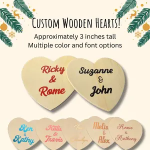 Custom Wooden Hearts 3-4 Inches Personalized with Names Vinyl Color & Font Options Ideal for Couples Weddings Anniversaries Best Friends Pet Memorials Family Names Nursery Décor Stocking Tags Desk Keepsakes