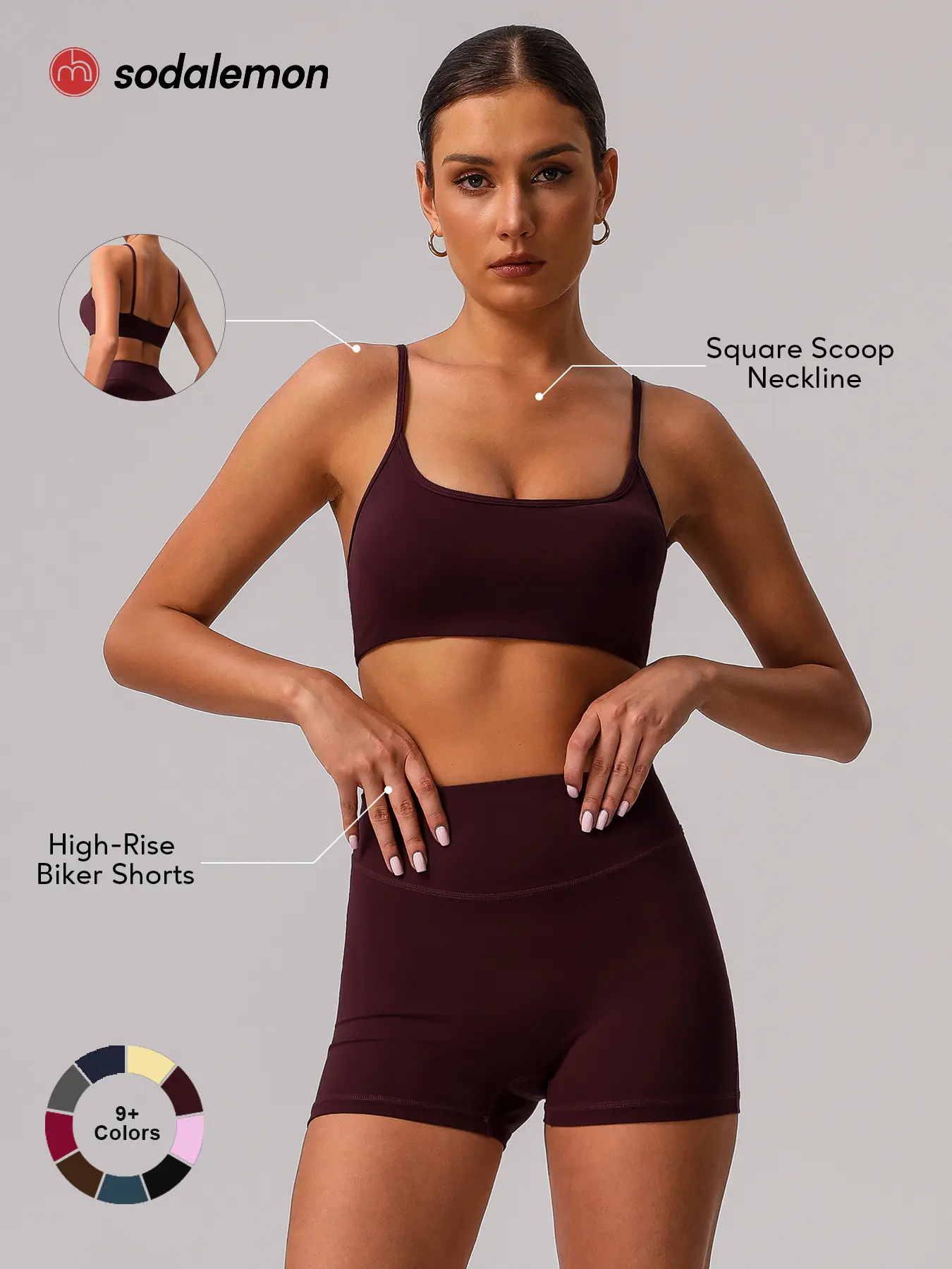 Women's 2-Piece Sodalemon Sports Set - Square Scoop-Neck Sports Bra, High-Waisted Biker Shorts, Yoga Workout Activewear for Outdoor Pilates