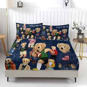 3-Piece Polo Bear Pattern Fitted Sheet Set, Soft And Durable Bedding Set Includes 1 Flat Sheet And 2 Pillowcases, Daily Holiday Birthday Gift Bedroom Decorations For Kids And Adults