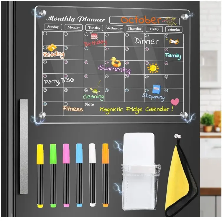 Acrylic Magnetic Calendar for Fridge,Clear Acrylic Magnetic Dry Erase Planning Board of Monthly Calendar for Refrigerator Includes 3 Dry Erase Markers