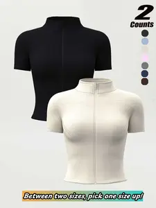 Women's Short Sleeve Zipper Jacket Coat, High Elasticity Jacket, High Stretch Quick Dry Yoga Top, Summer Running Sports Shirt, Stand Collar Tight Fit Athletic Outerwear