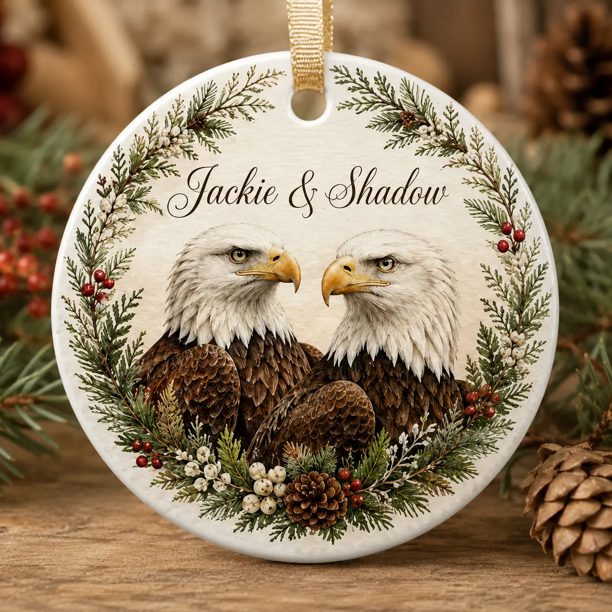 Jackie & Shadow Double-Sided Ceramic Christmas Ornament, Jackie Memorial Tribute Keepsake, Bald Eagle Remembrance Holiday Ornament