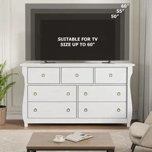 54 Inch Wide 7-Drawer Dresser with Ring Pull Handles – White Wood Chest of Drawers for Bedroom, Living Room, and Entryway Storage Organization