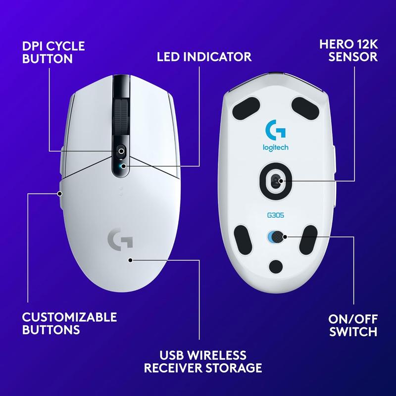 Logitech G305 LIGHTSPEED Wireless Gaming Mouse, Hero 12K Sensor, 12,000 DPI, Lightweight, 6 Programmable Buttons, 250h Battery Life, On-Board Memory, PC/Mac - White White Mouse