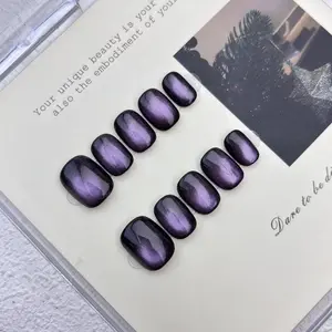 Handmade Purple Cat Eye Press On Nails Short Square Chrome Finish Fake Nails 10 Piece Set with Mirror Like Finish and Dynamic Shimmer| Valentine’s Day Nails | Vday Nails |  Party Nails | Date Night Gift for Her salon-quality finish