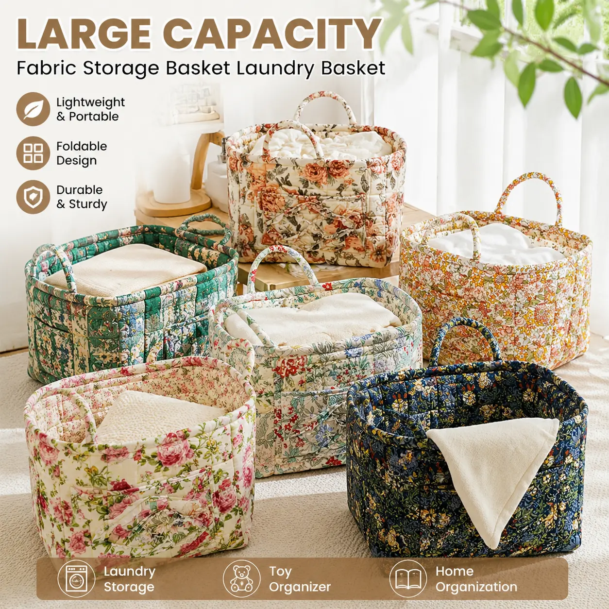 Vintage Polyester Fabric Storage Basket - Large Capacity, Collapsible, Floral Print, Easy-Carry Handles, 12.9x10.6x10.2 Inches, Home Organizer for Laundry